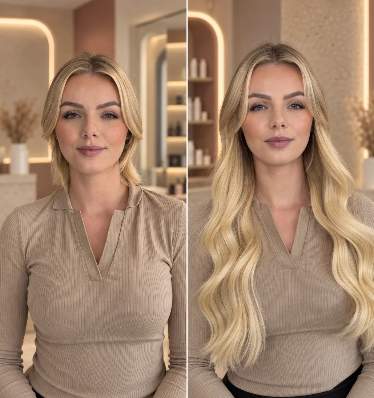 Klientka w beżowym topie przed i po przedłużaniu: krótki blond bob oraz długie, jasne fale.