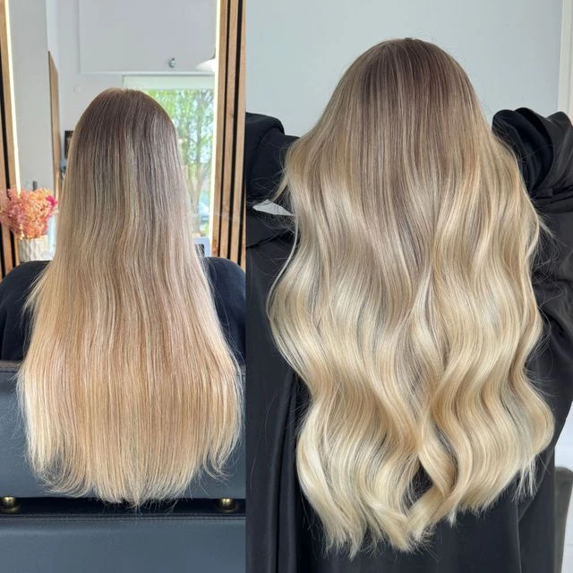 Blond włosy przed zabiegiem i dłuższe, pełne fale po przedłużaniu, Muse Hair