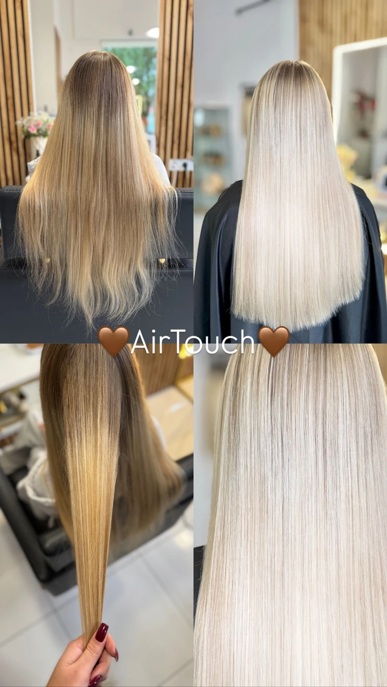 Kolaż koloryzacji AirTouch: włosy przed rozjaśnianiem, jasny blond po zabiegu i zbliżenie pasm.