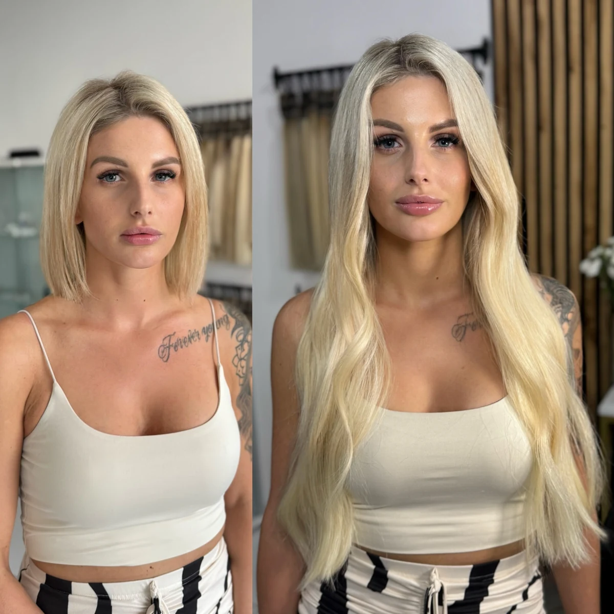 Blond bob przed zabiegiem i długie, proste pasma po przedłużaniu, Muse Hair