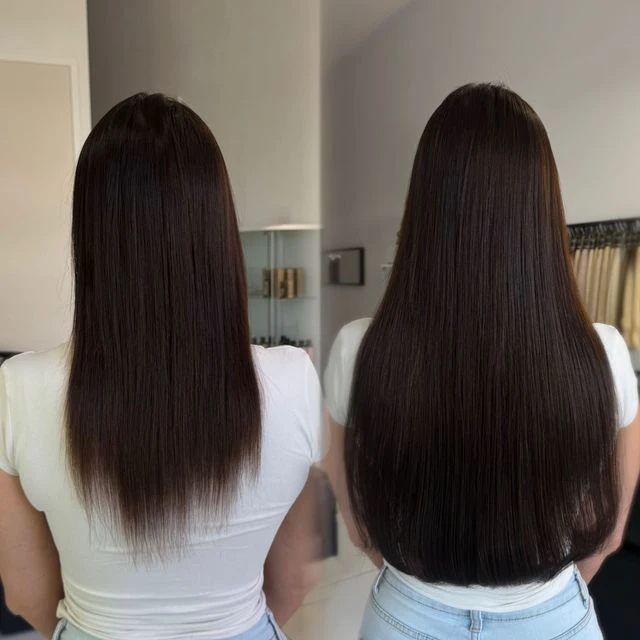 Ciemne włosy przed i po przedłużaniu i zagęszczaniu, Muse Hair