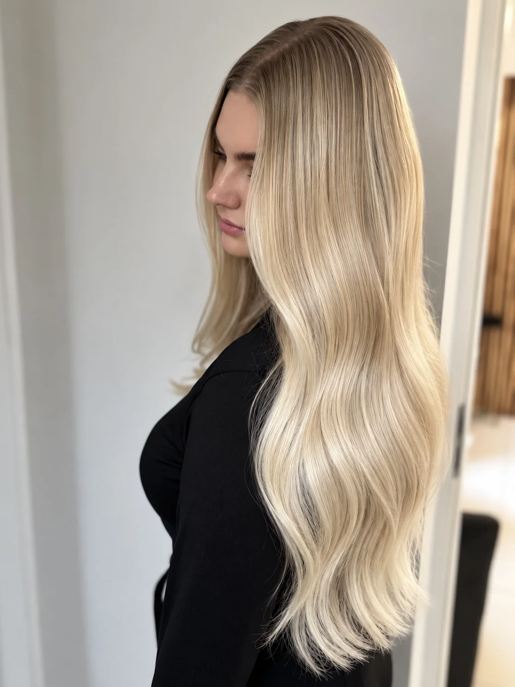 Długie, proste blond włosy widziane z tyłu.