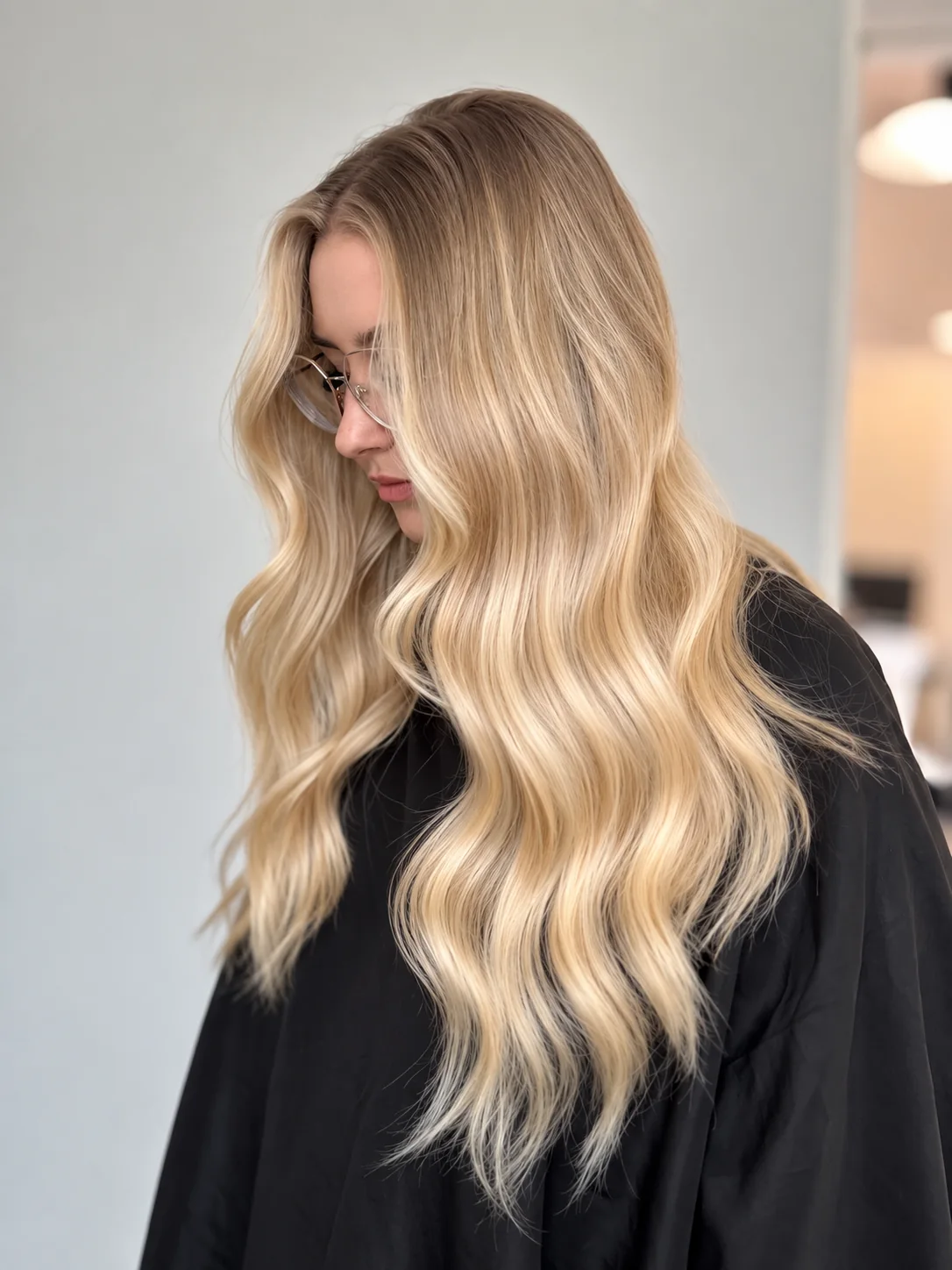 Długie, gęste blond fale widziane z tyłu.