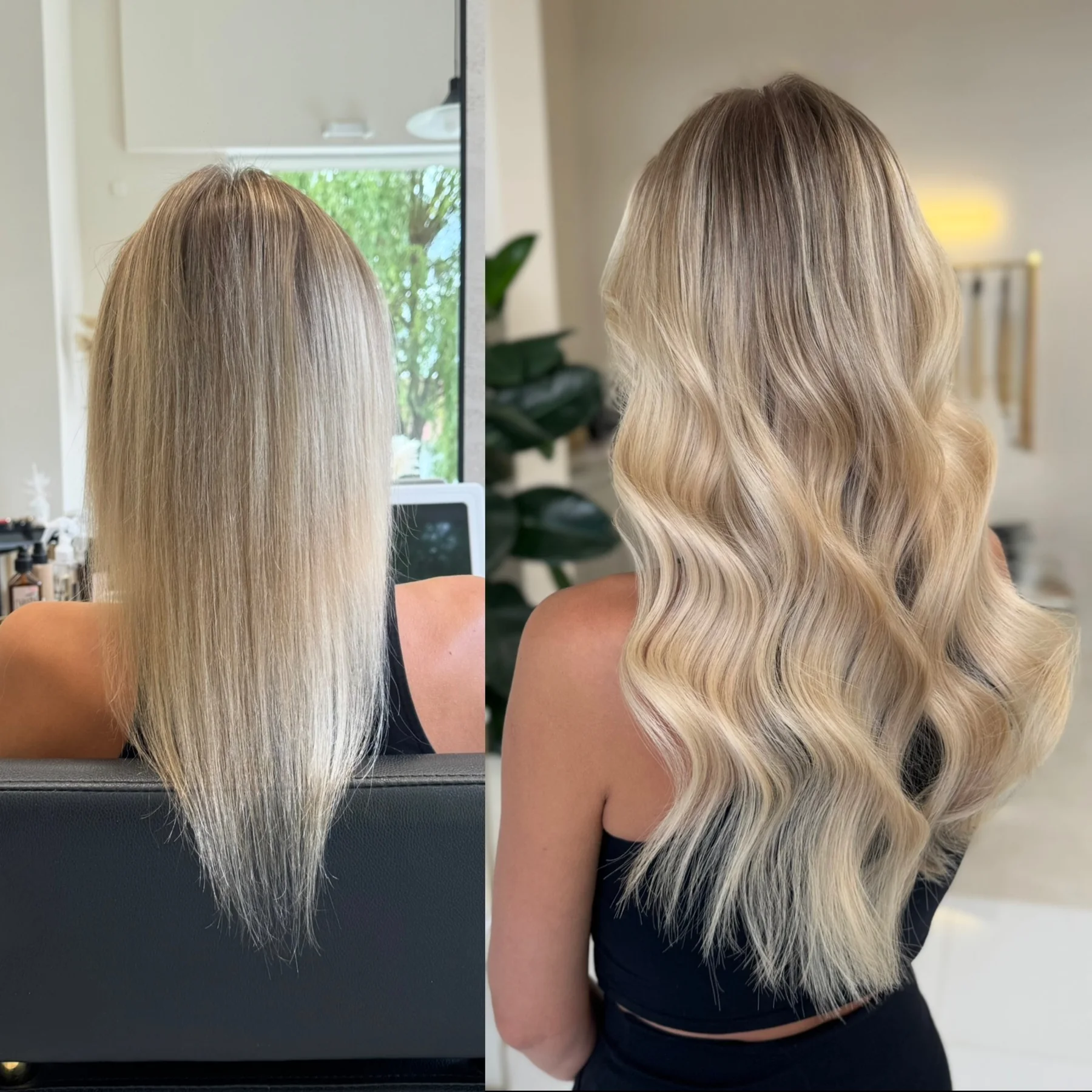 Porównanie przed i po, krótki blond bob i dłuższe, gładkie włosy.