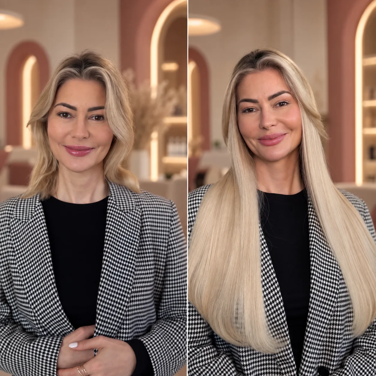 Porównanie przed i po: blond włosy do ramion oraz długie, proste pasma u klientki w marynarce w pepitkę.