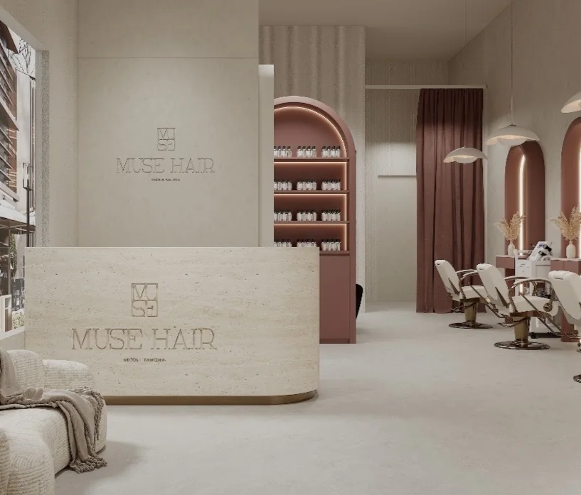 Wizualizacja salonu Muse Hair w Szczecinie, stanowiska do koloryzacji i stylizacji włosów