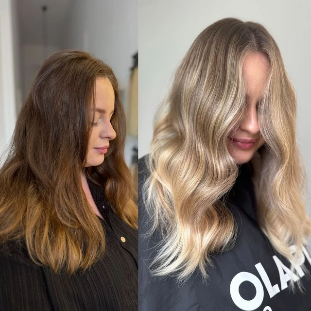 Metamorfoza koloryzacji Muse Hair, włosy przed i po rozjaśnieniu