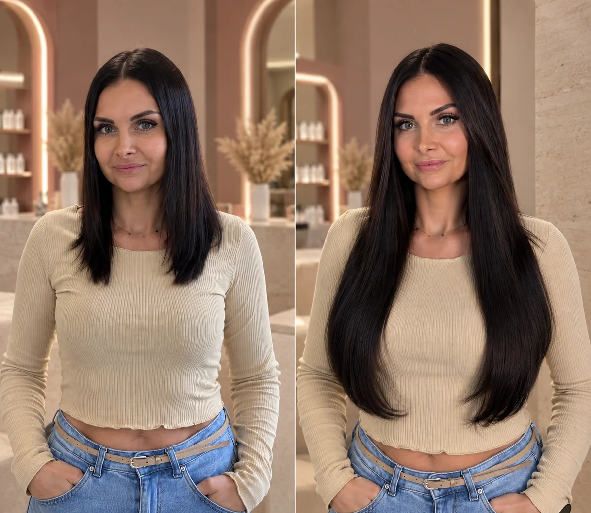 Metamorfoza przedłużania Muse Hair, włosy przed i po zabiegu
